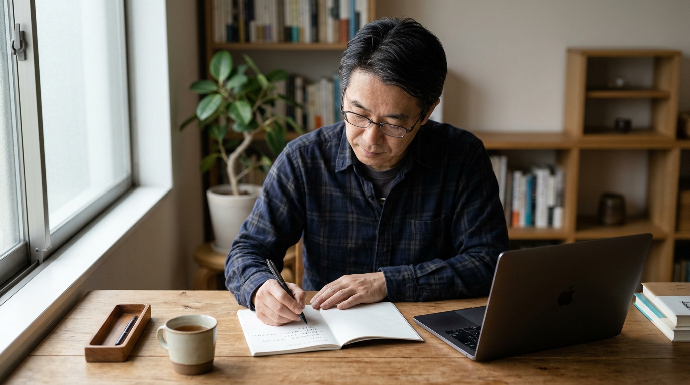 ノートに集客方法の候補を書き出して比べている日本人の個人事業主