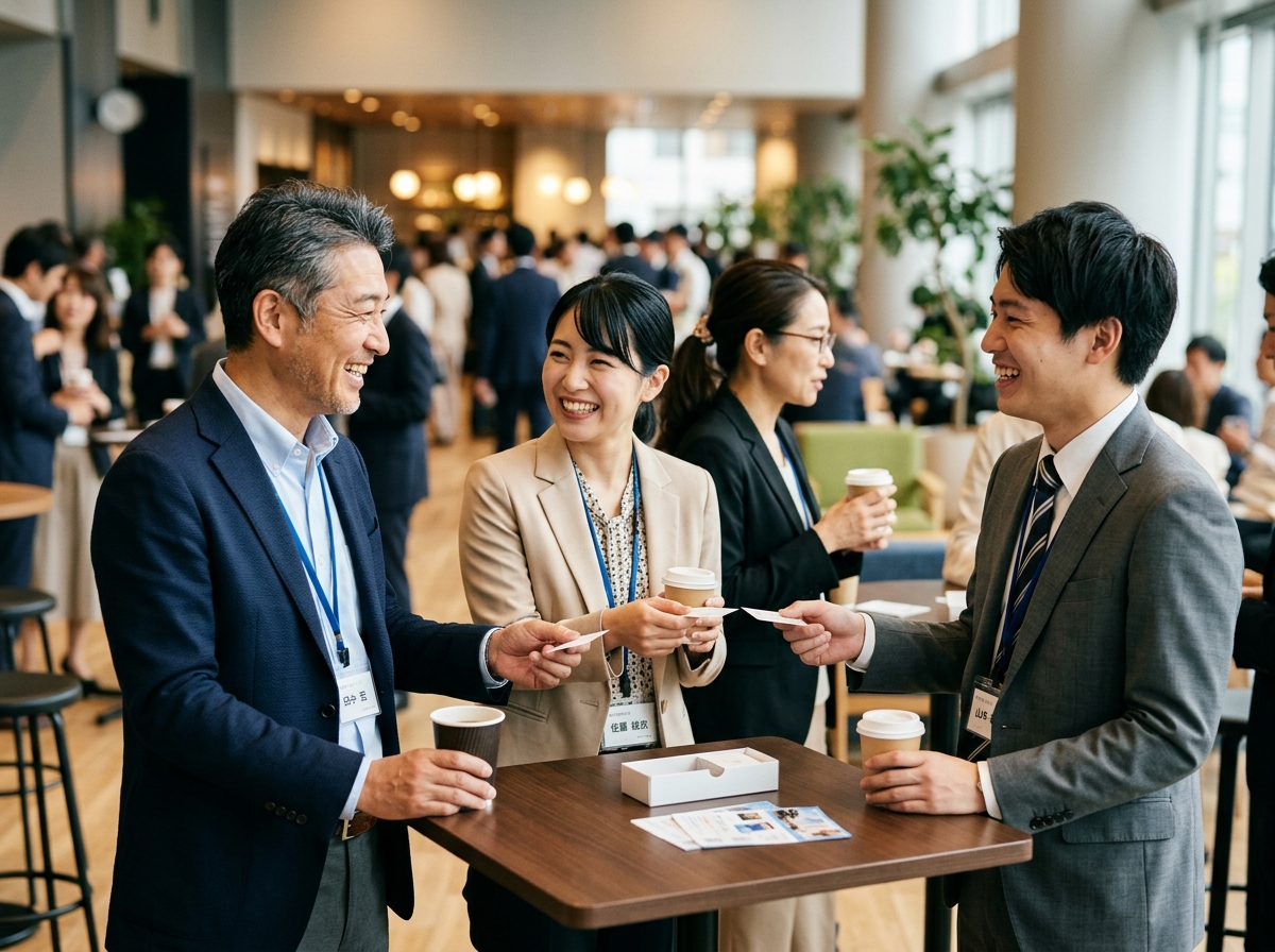 交流会で名刺を手に会話する日本人の参加者たち