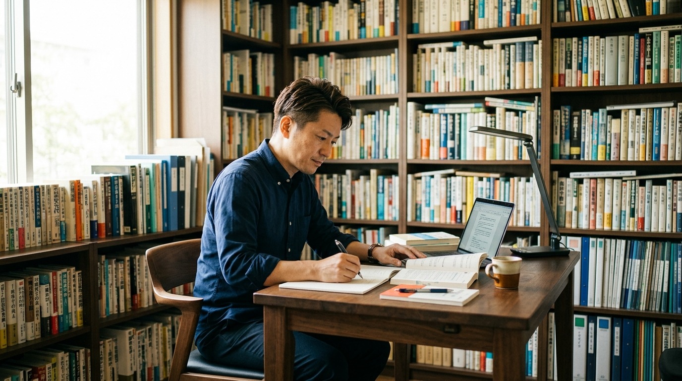 書斎の机でノートパソコンとノートを使い、AIとの壁打ちで新規事業のリスクを検討する日本人の経営者