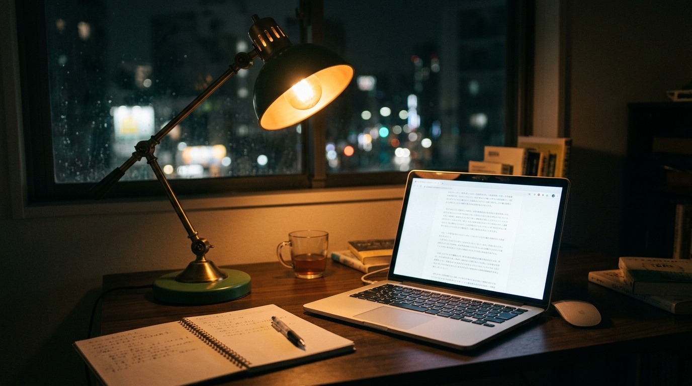 深夜のデスクでノートPCに向かい、AIと新規事業の壁打ちを一人で重ねる日本人の起業家