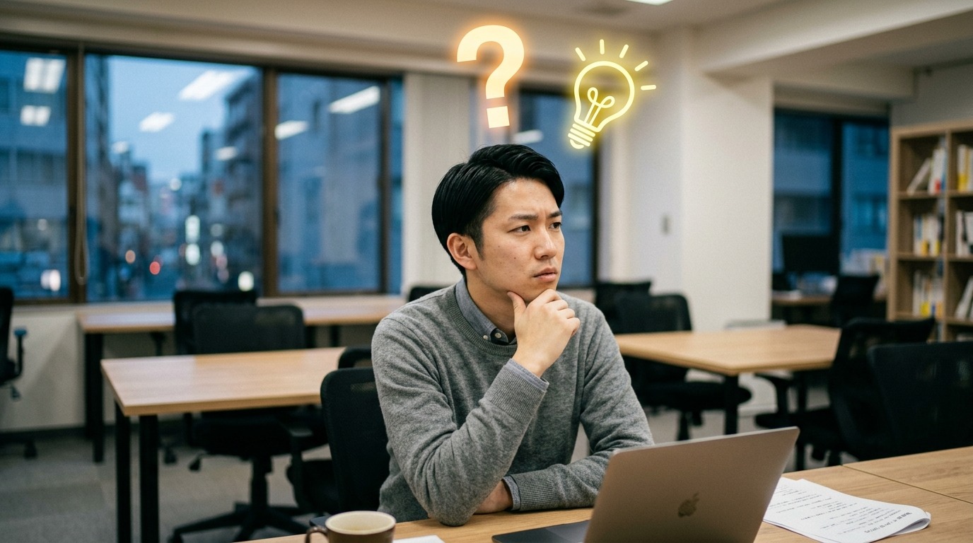 頭上に浮かぶ疑問符と電球、AIの評価を鵜呑みにせず自分で考え直すことをイメージした抽象イメージ