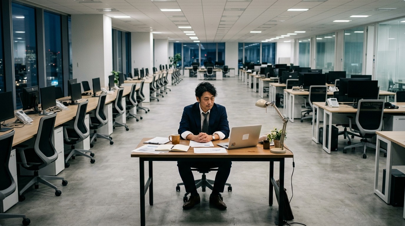 オフィスで一人机に向かい考え込む日本人経営者、一人社長がAIを相棒に経営判断を下す様子をイメージした写真
