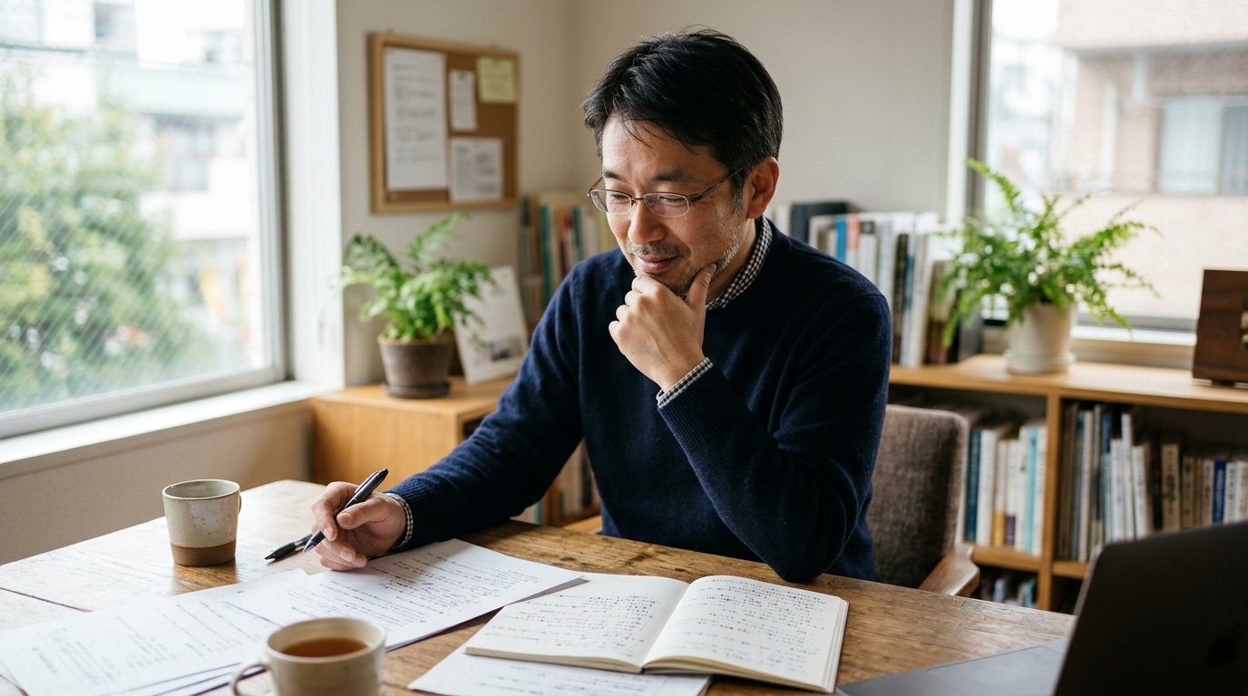 事業用の銀行口座をどこに作るか、資料を広げて検討している日本人の起業準備中の人物