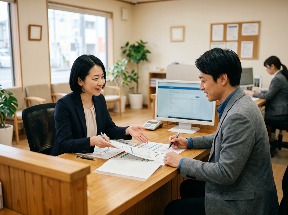 地域の金融機関の窓口で担当者と向かい合って話している日本人の経営者