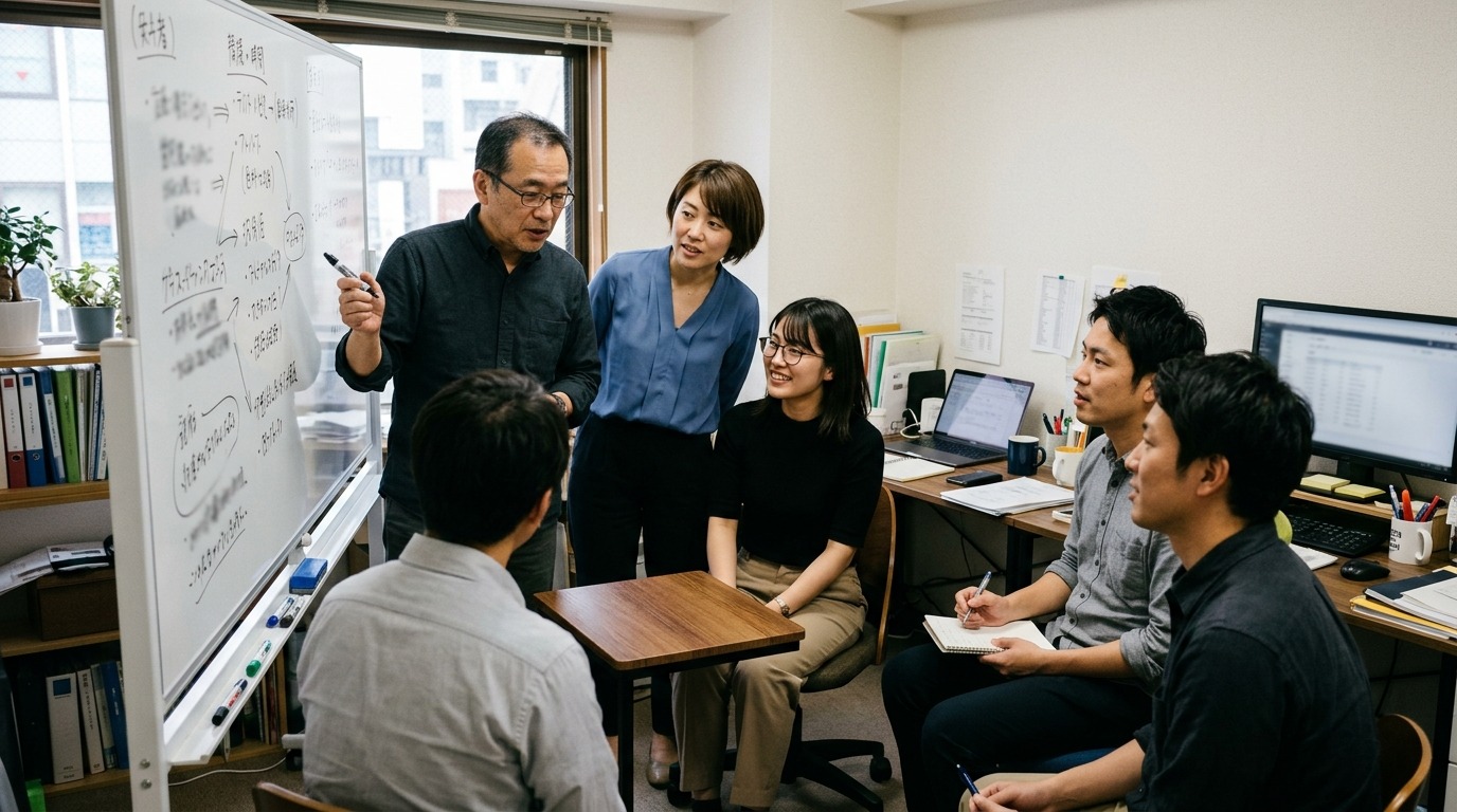 事業計画のストーリーについてホワイトボードを囲んで話し合う日本人の起業家チーム