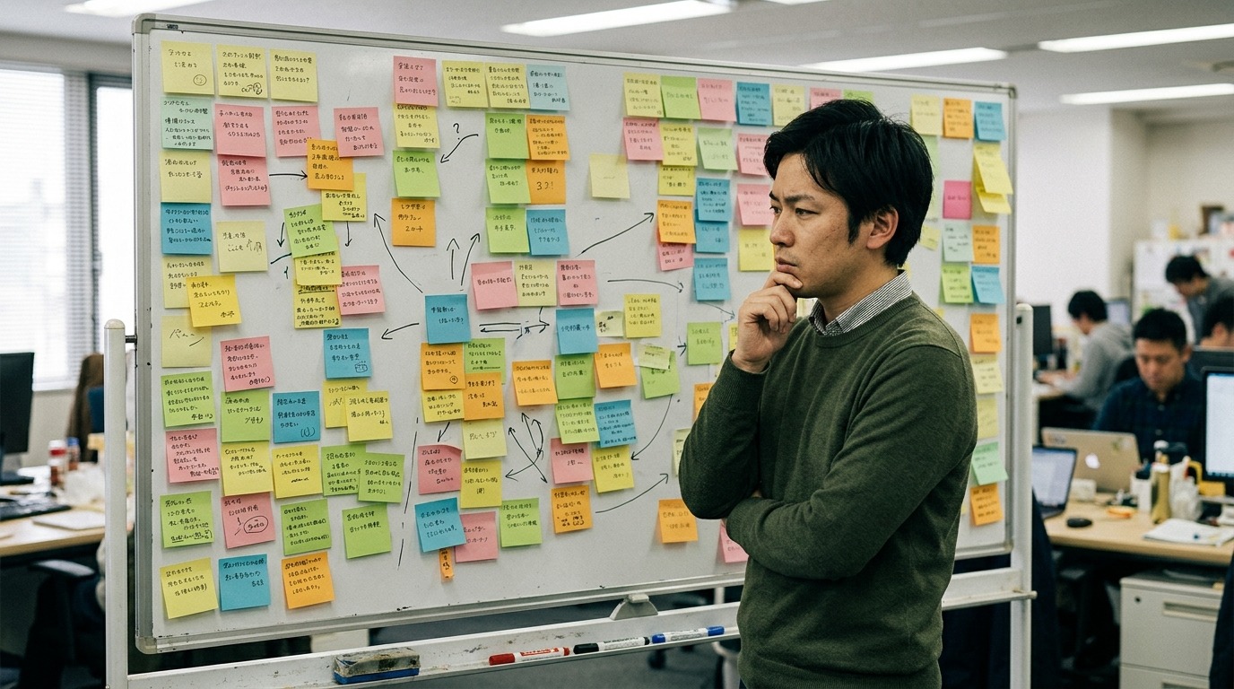 オフィスのボードの前で事業の構想を考え込む日本人男性の起業家