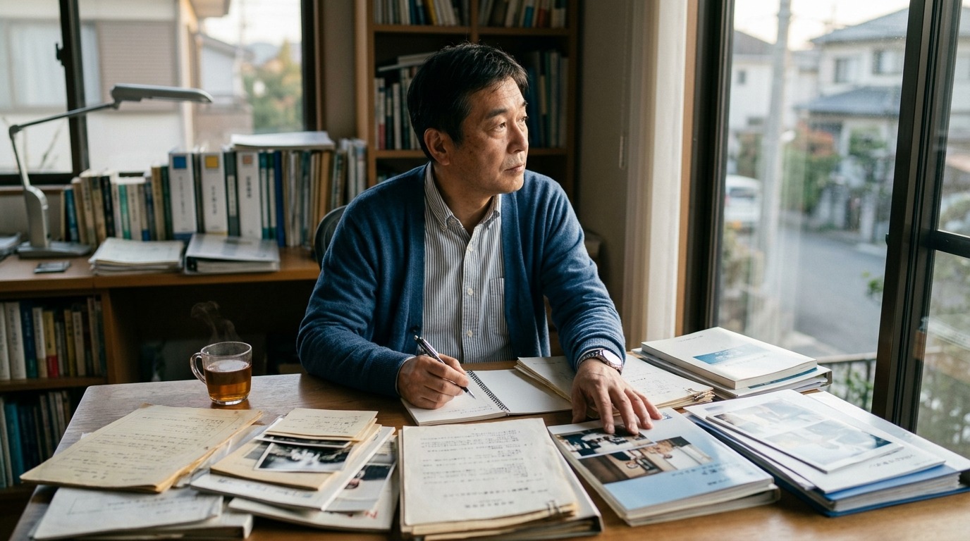 自宅の書斎で資料を広げ、自分の言葉で事業計画書を書き出す日本人起業家