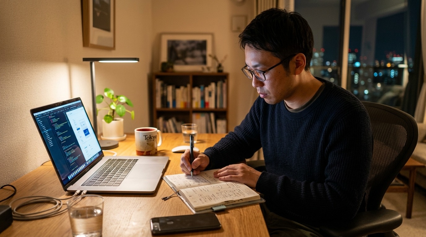 夜の自宅デスクでノートパソコンとメモ帳に向かい仕事を続ける日本人の経営者