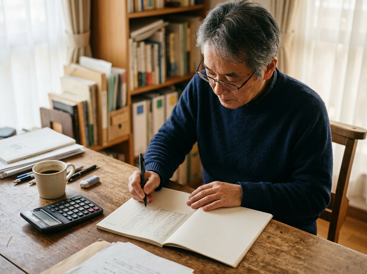 紙のノートに手書きで月ごとの収支を書き出している日本人