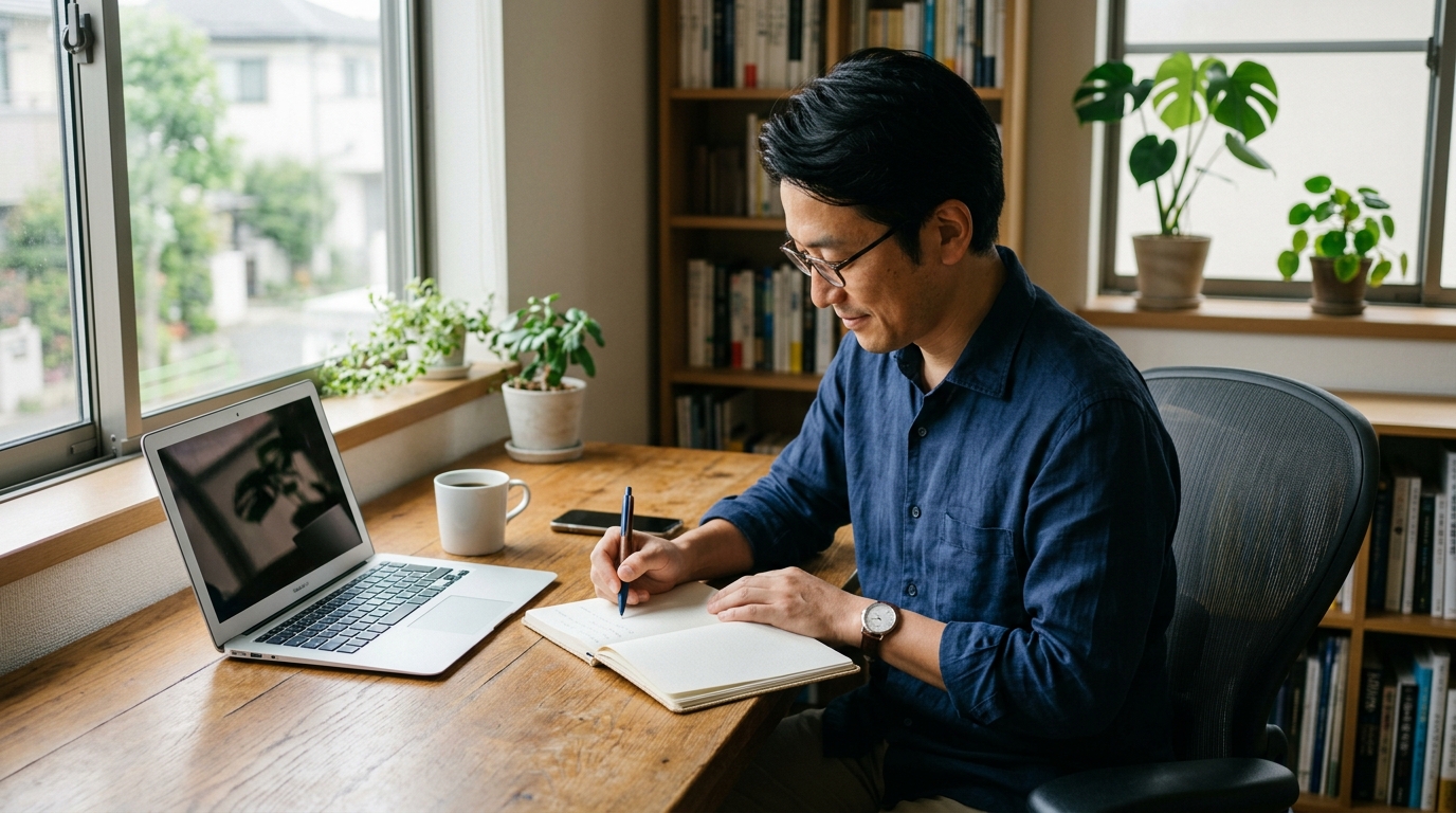 ノートに単発の作業と月額の継続分を書き分けて契約の形を検討する日本人の起業家