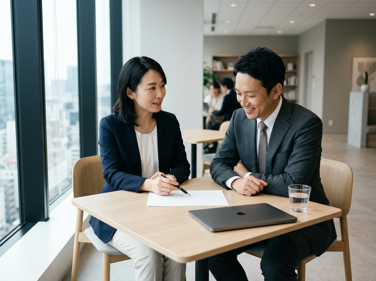 打ち合わせテーブルで見積書の構成を指差しながら話し合う二人の日本人
