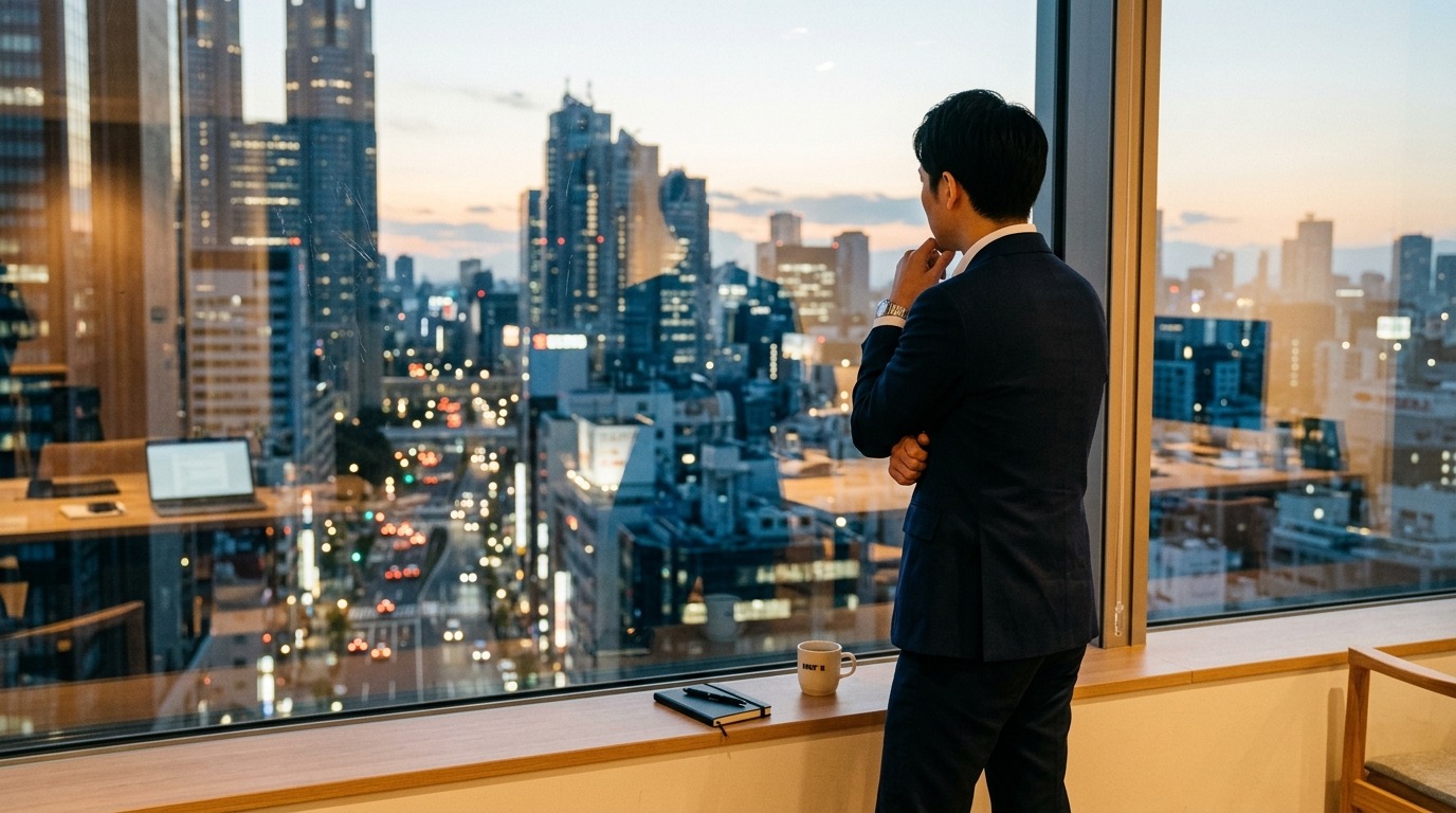 窓辺で街を眺めながら考える日本人ビジネスパーソンの後ろ姿