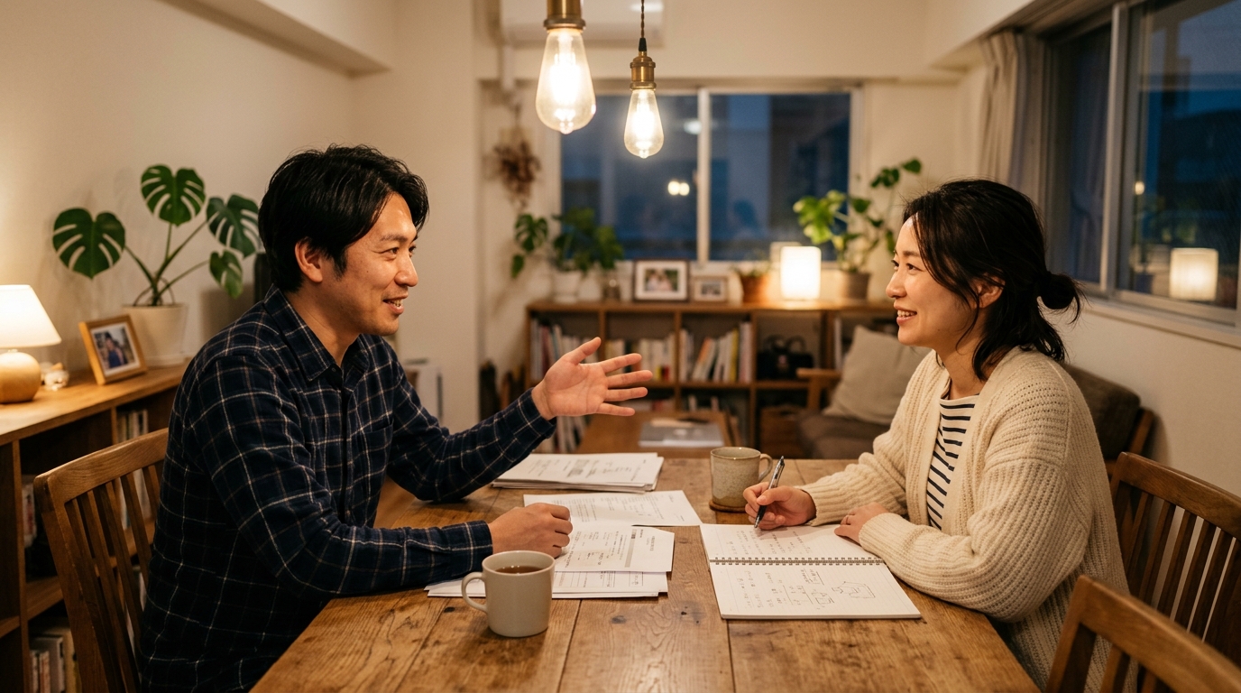 自宅のダイニングテーブルで資料を広げ、家族と独立について話し合う日本人の様子