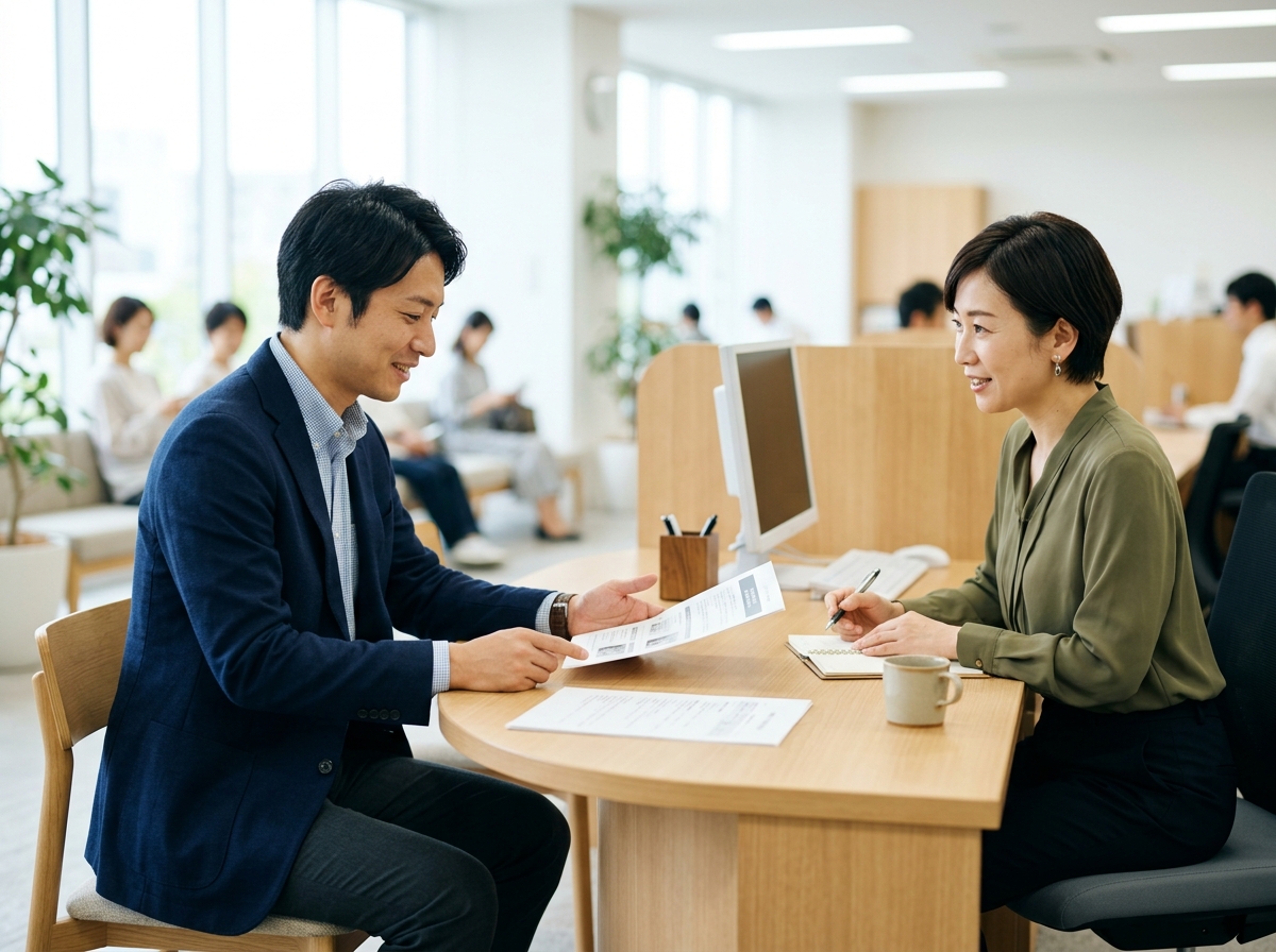 相談窓口のカウンターで担当者に資料を見せながら話す日本人の相談者
