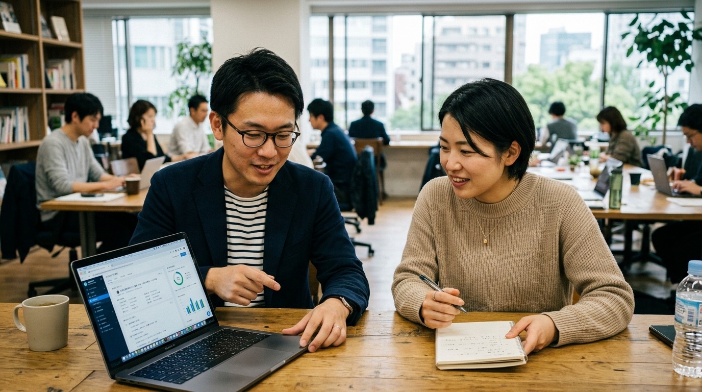 ノートPCを見ながら並んで相談する二人の日本人ビジネスパーソン