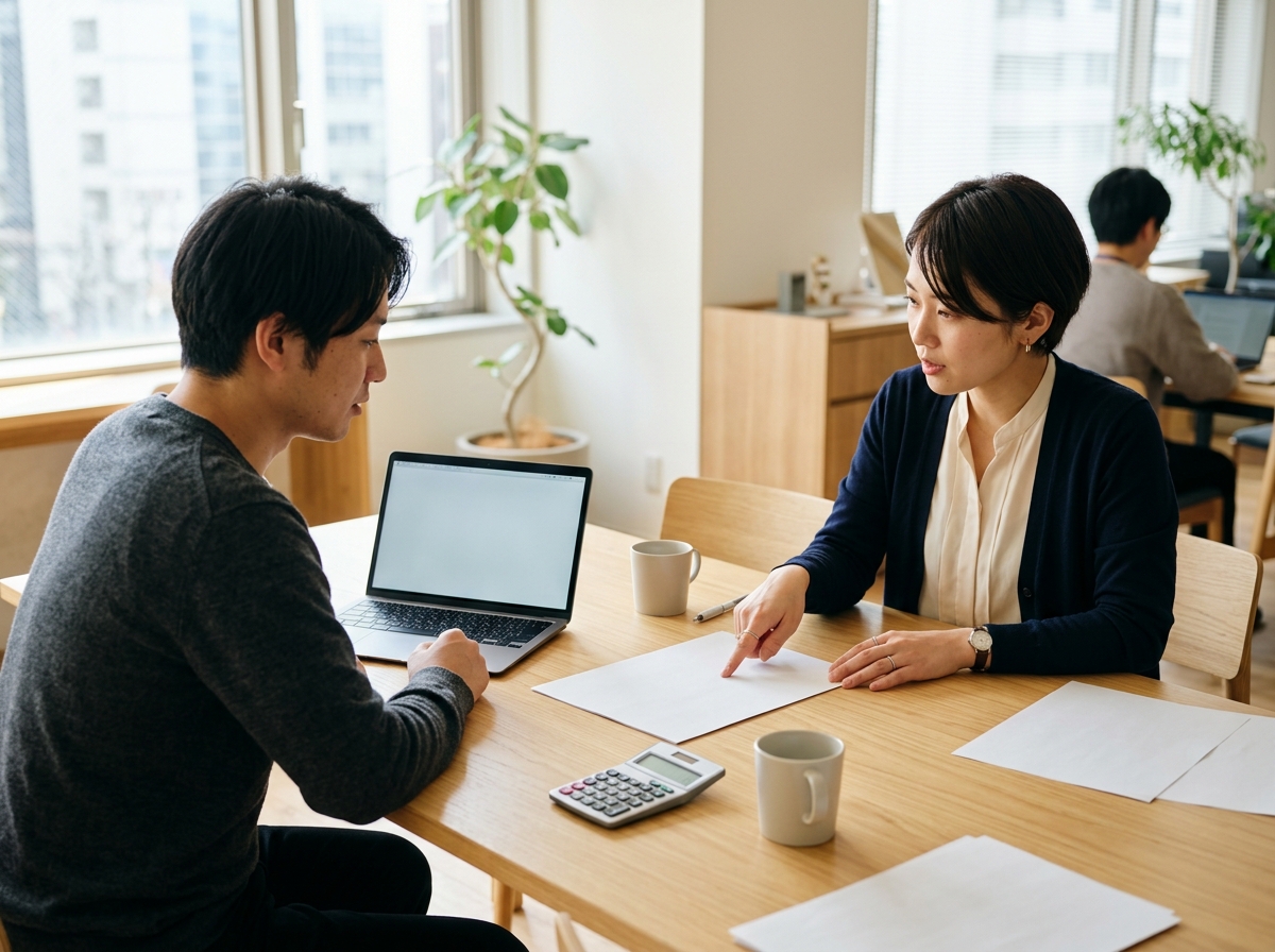 テーブルで資金繰りの数字を確認しながら話し合う二人の日本人