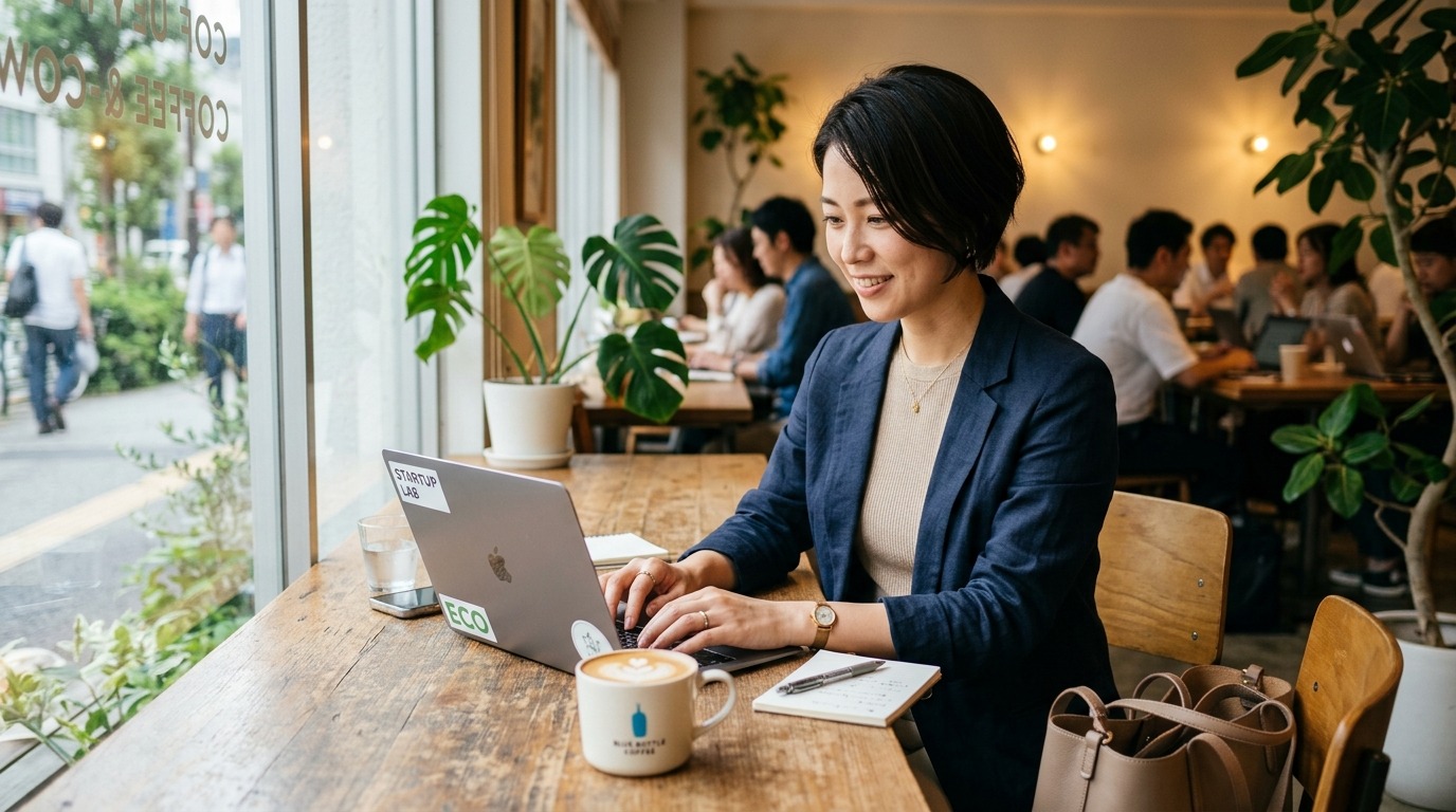 カフェでノートパソコンを開き一人で仕事をする日本人のフリーランス