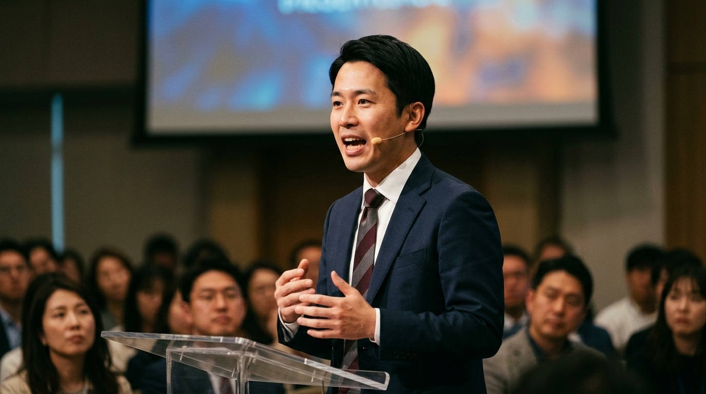 商談の場で自らの志と事業にかける思いを語る日本人ビジネスパーソン
