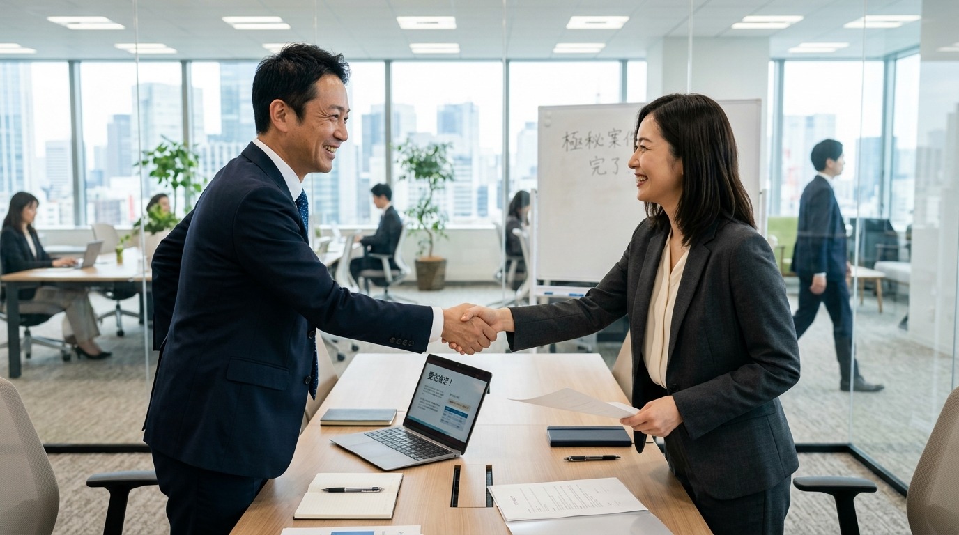 共感が生まれた商談の締めくくりに笑顔で握手を交わす日本人ビジネスパーソン
