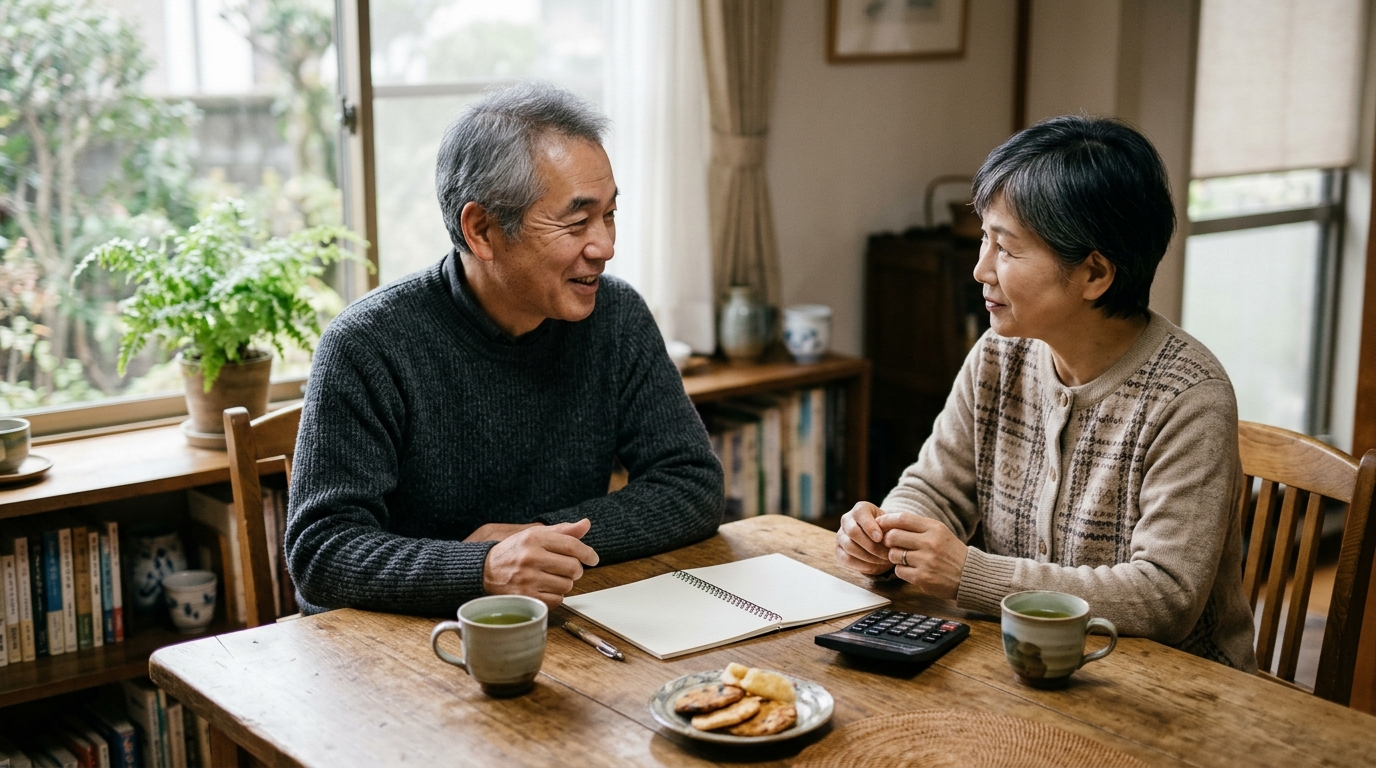 自宅のダイニングテーブルで向かい合って話す日本人の夫婦と、テーブルに置かれたノートと電卓