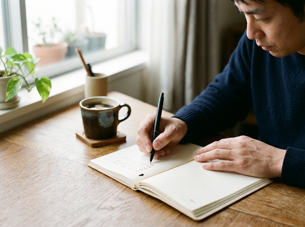 ノートに手書きでメモを書き出しながら考えている日本人男性の手元