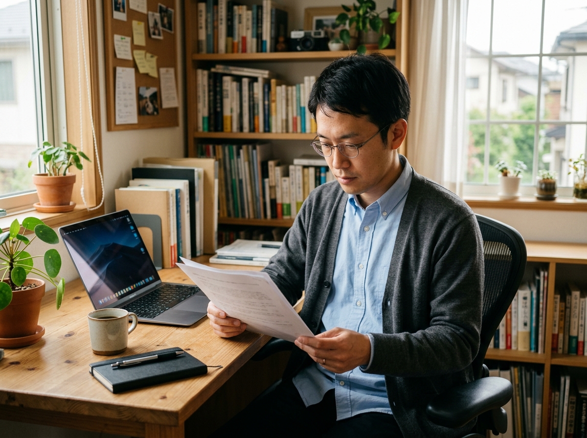 ノートパソコンの画面を確認しながら書類を読む日本人のビジネスパーソン