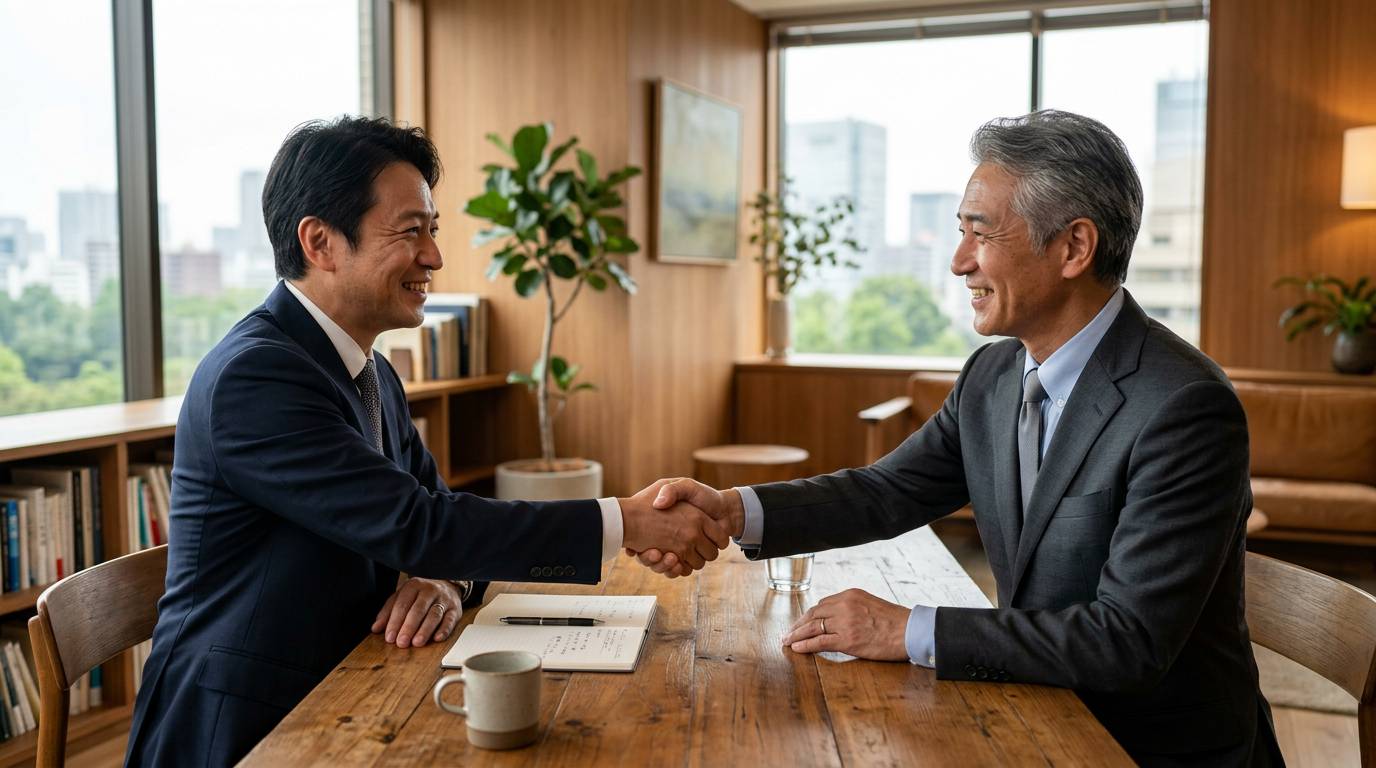 定例ミーティングで笑顔で握手する経営者とアドバイザー