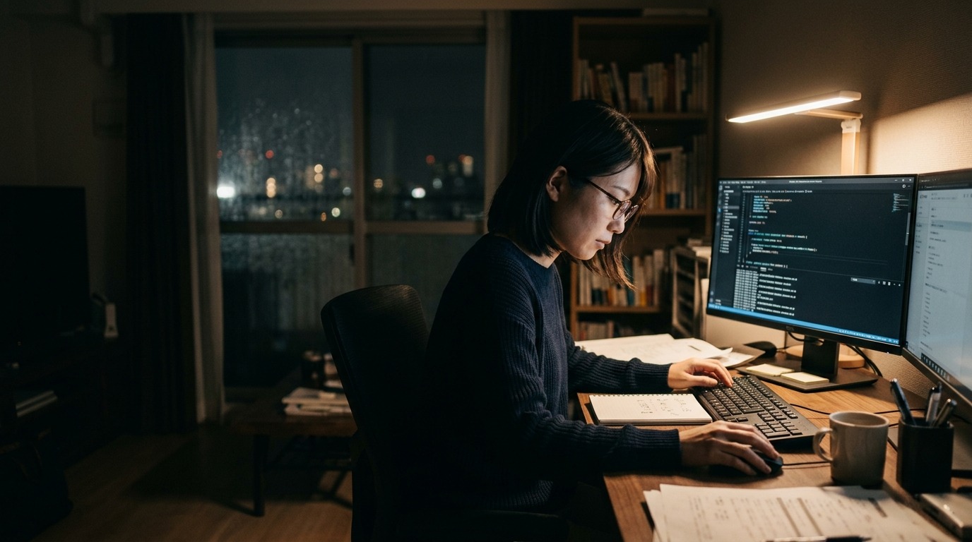 夜のデスクで一人パソコンに向かい発信する記事のネタと向き合う日本人経営者の写真