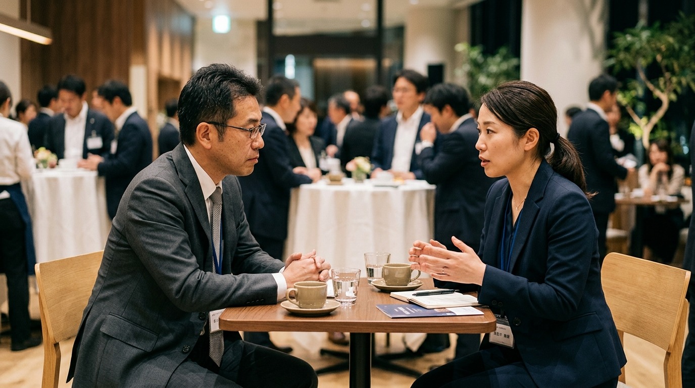 一対一で真剣に相手の話を聞き出す二人の日本人、ヒアリングで体験を引き出す場面の写真
