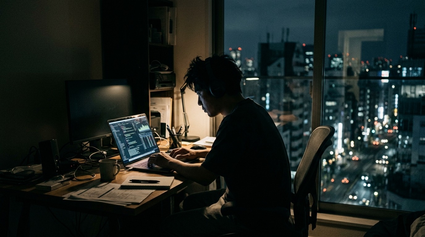 夜遅くまで一人でノートPCに向かい作業を続ける日本人のフリーランス男性