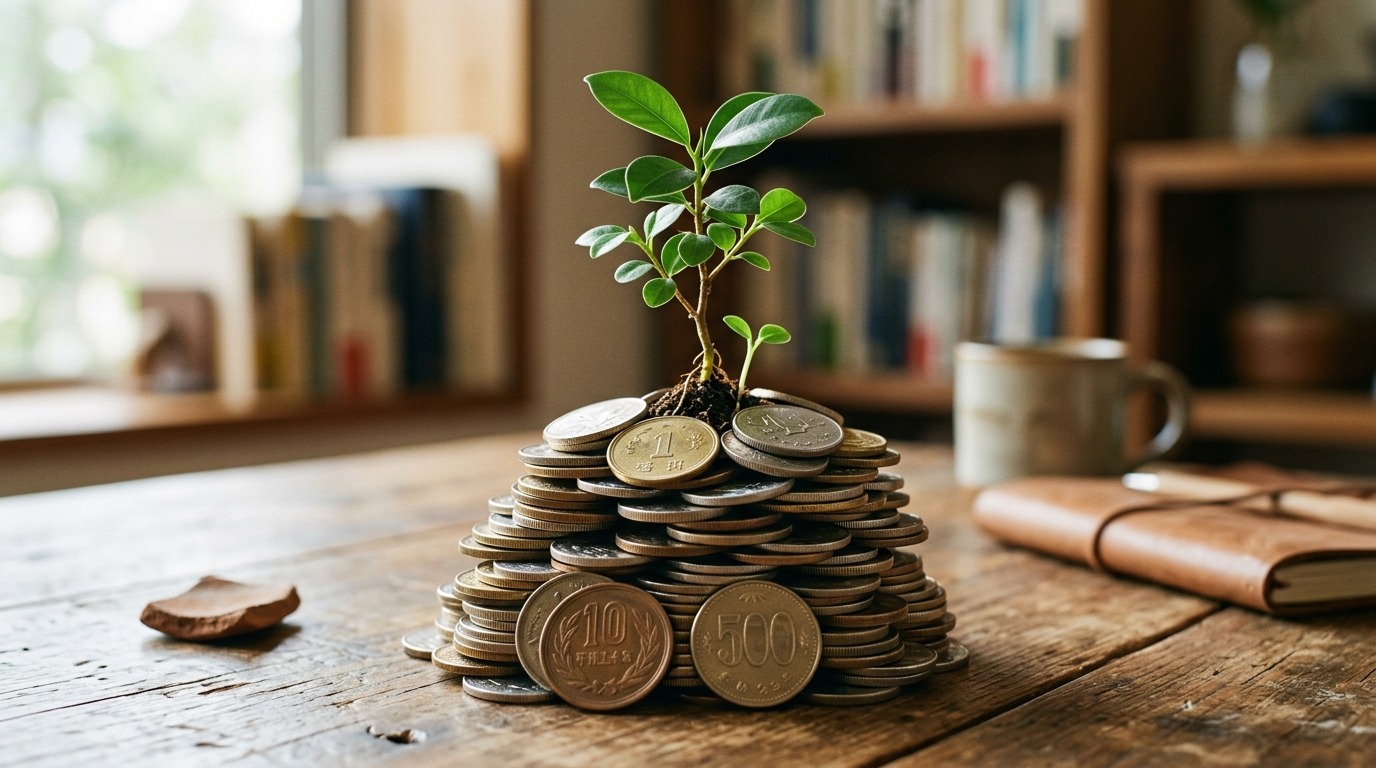 積み上げた硬貨から小さな芽が育つ、収入の積み上げと計画の比喩
