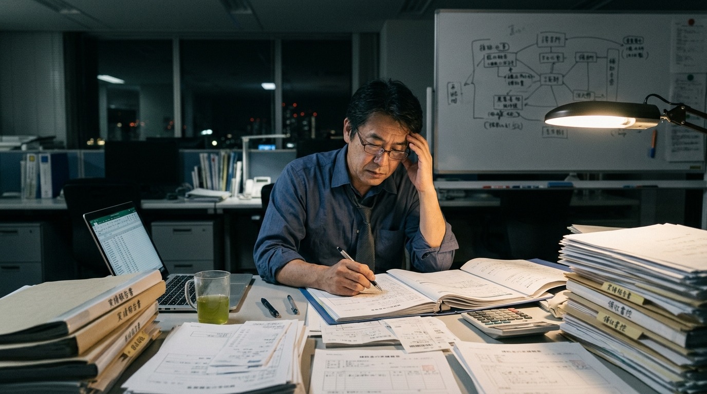 無償の頼まれごとに追われ夜遅くまで書類作業をする日本人の起業家