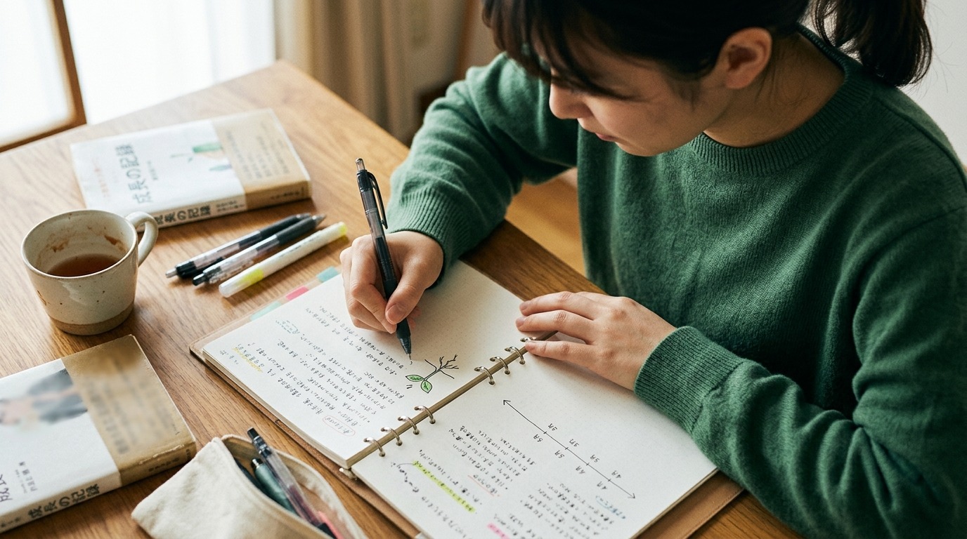 聞き取った話をノートに書き留めて振り返る日本人の手元