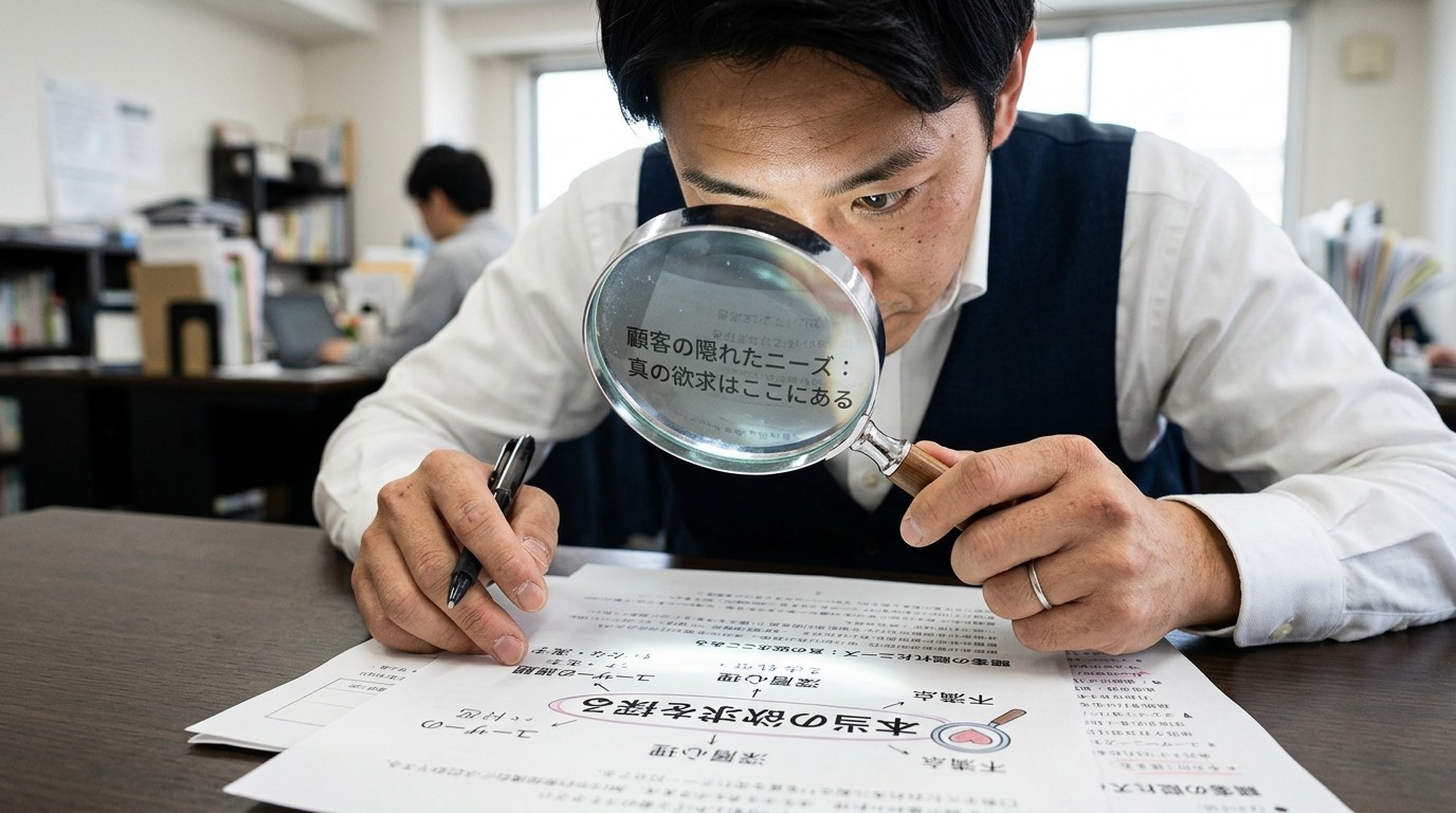 虫眼鏡で細部を確かめるように相手の話を深掘りすることを表す日本人の手元