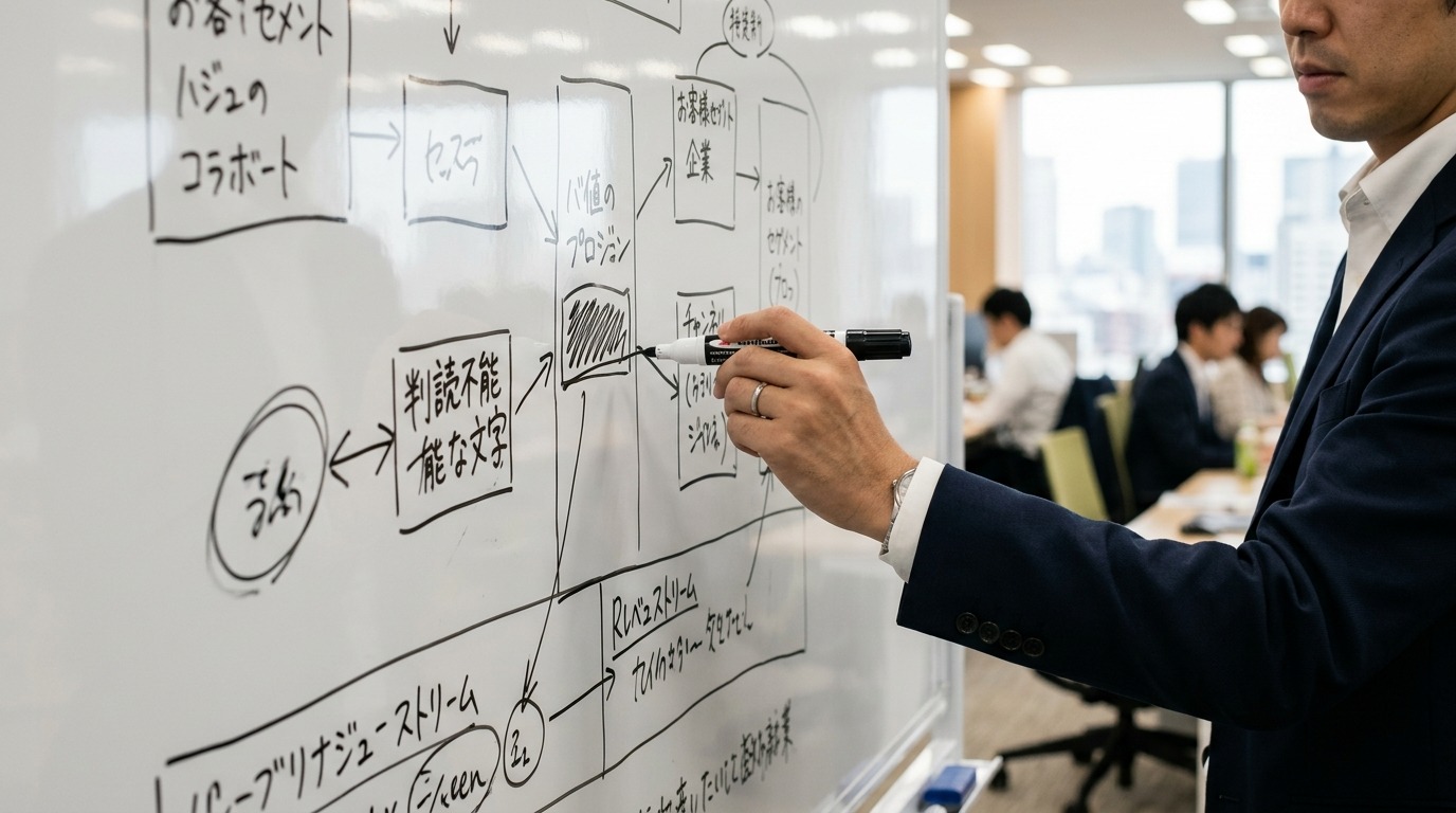 ホワイトボードにビジネスモデルの仮説を図で描き出す日本人の起業家の手元