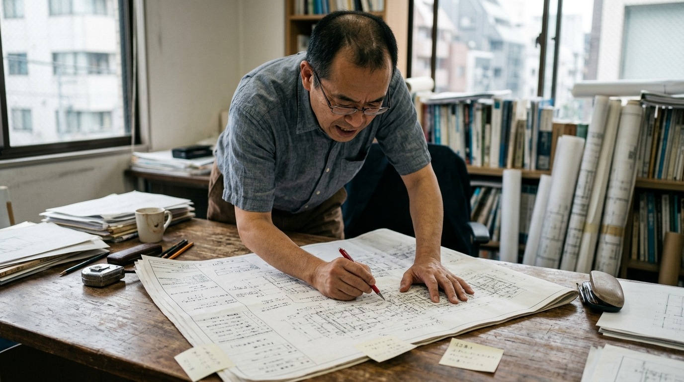 完璧な設計図に固執して考え込む日本人ビジネスパーソン、机に広げた図面