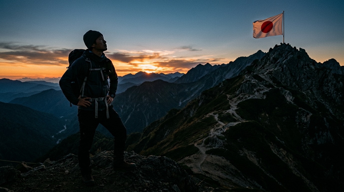 山頂にはためく旗を見上げる登山者、一段上の場所を目指すイメージ