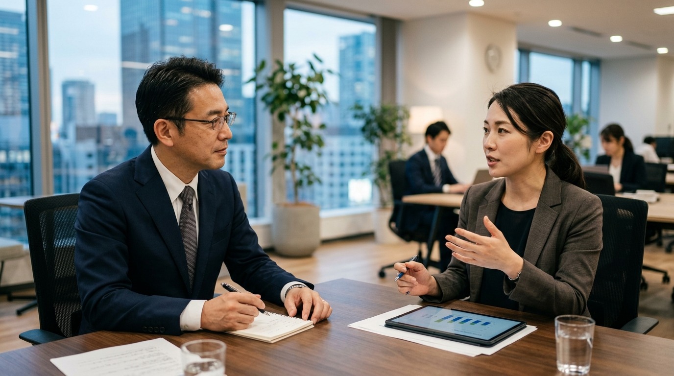 顧客である経営者の課題に真摯に耳を傾け、対面で相談に応じる日本人の伴走支援者