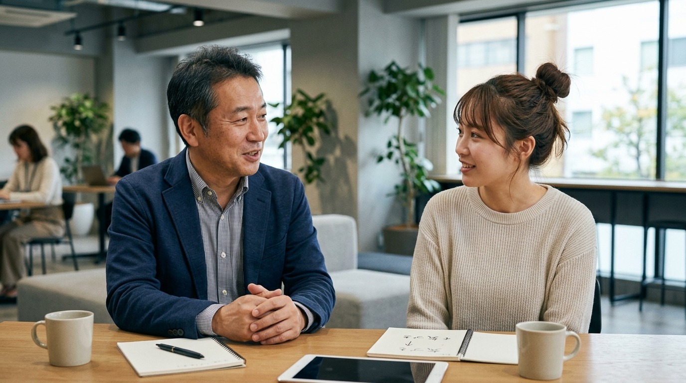 メンターと並んで語り合い、思考整理を通じて経営者が気づきを得る対話の場面