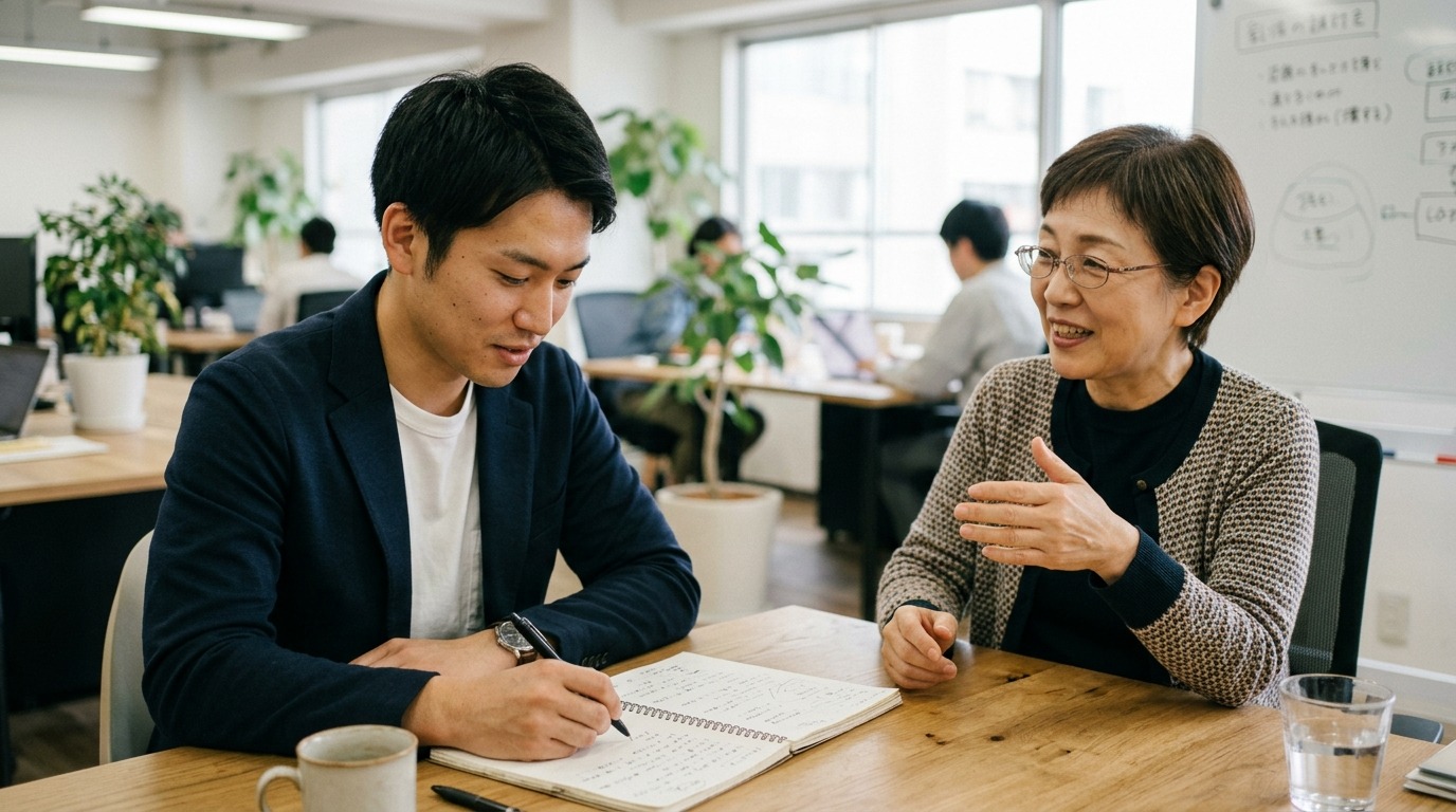 伴走支援者の助言を聞きながらノートにメモを取り思考を整理する日本人経営者