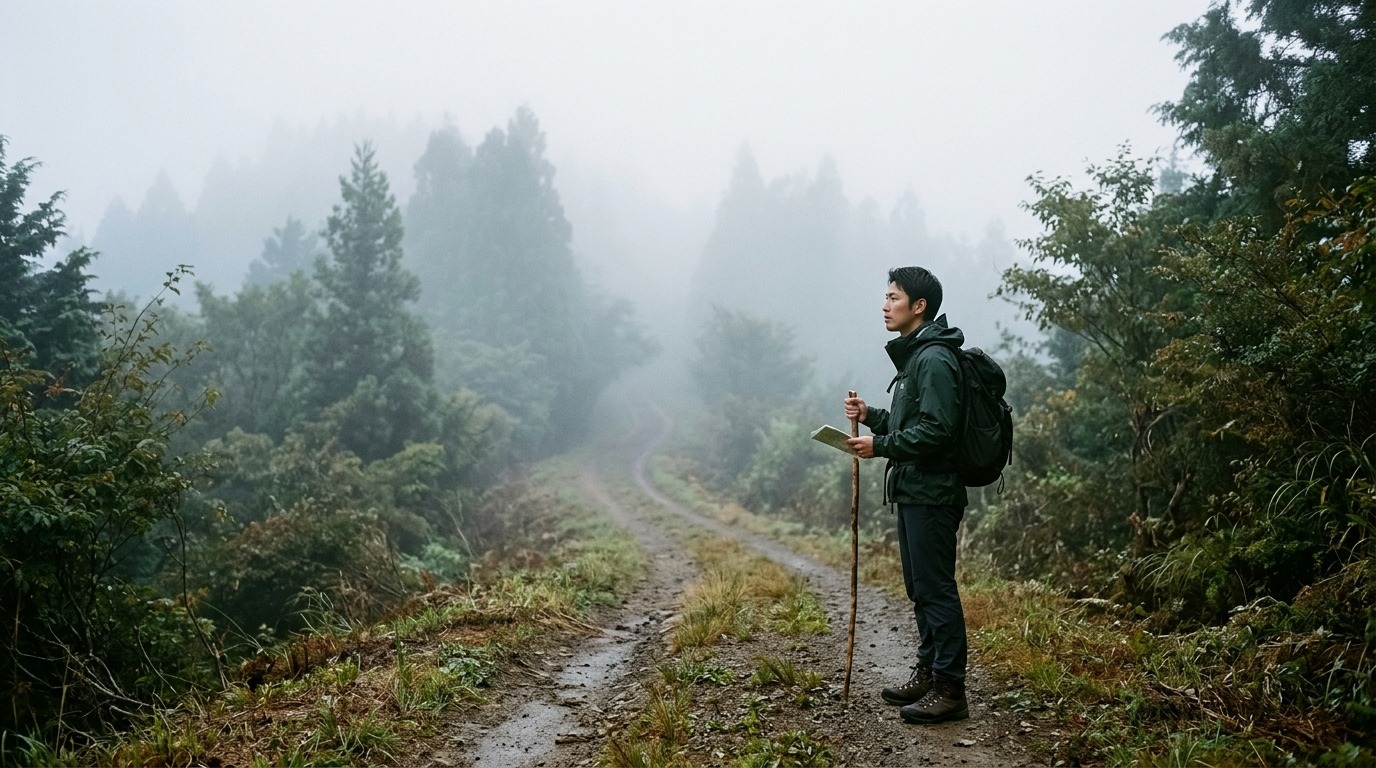 深い霧の中に一筋の道が見えてくる風景。思考が整理され進む方向が定まる比喩