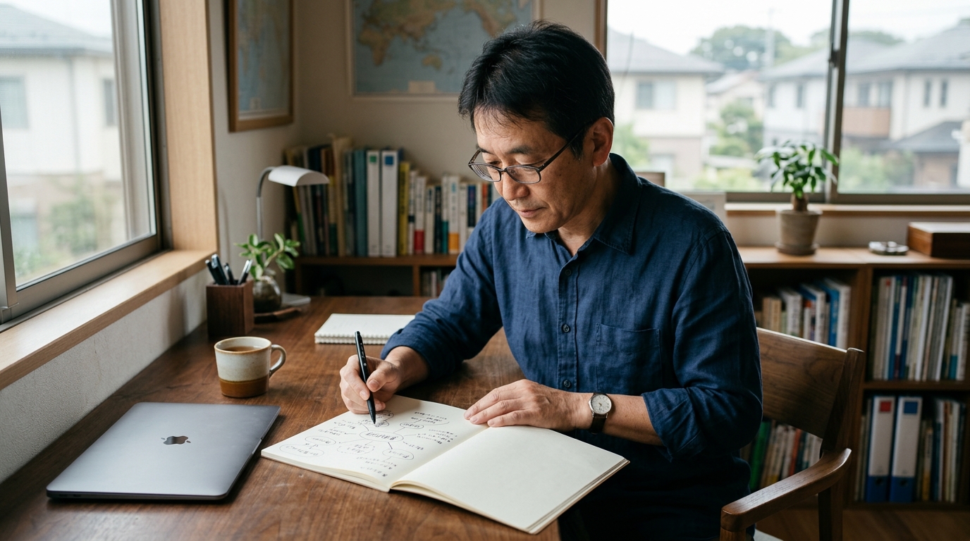 ノートにマインドマップを描きながら考えを整理している日本人の経営者