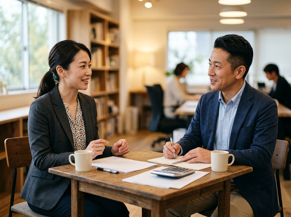 資料と数字を挟んで打ち合わせをする二人の日本人