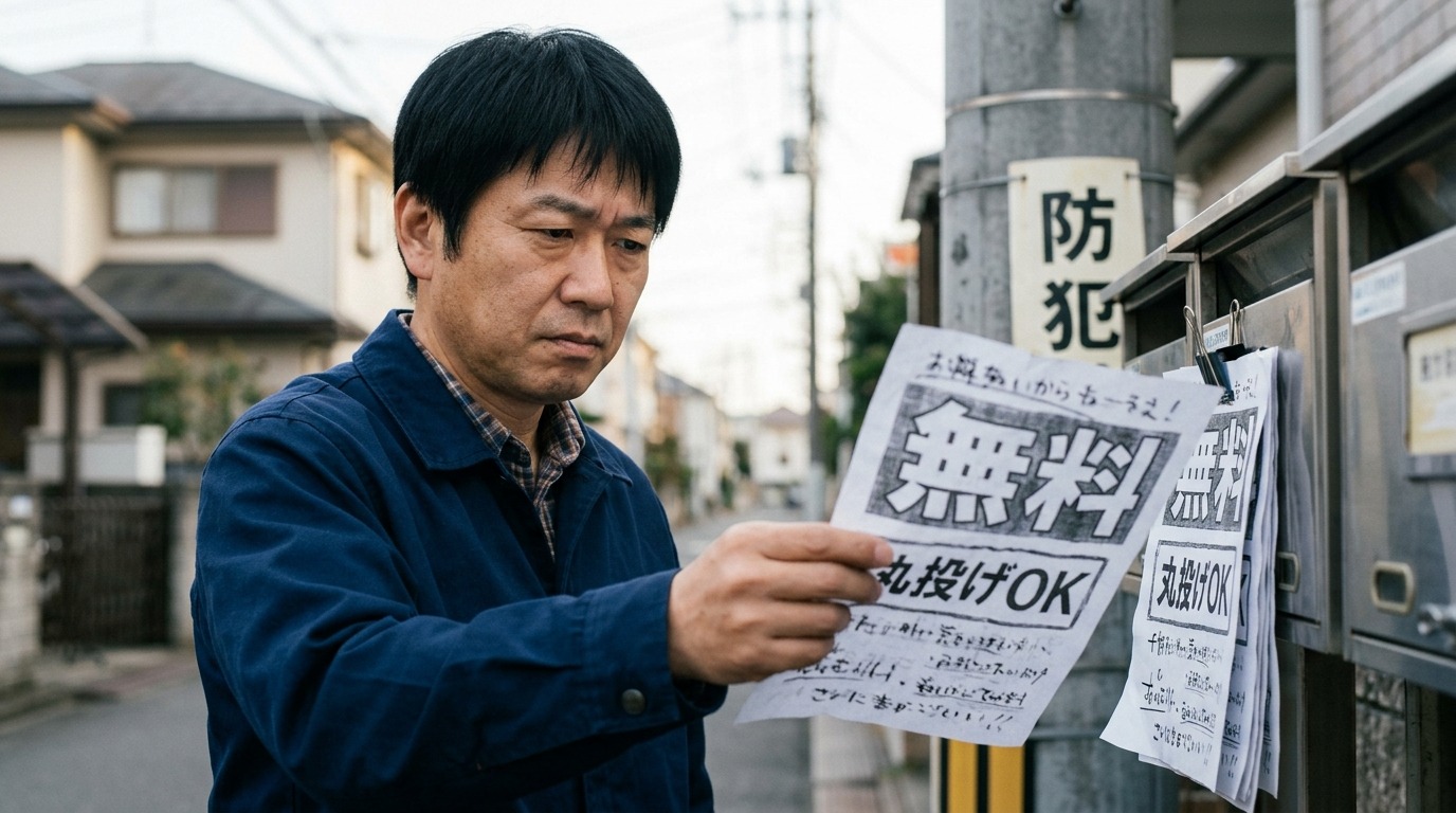「無料」「丸投げOK」と書かれた怪しい勧誘のチラシを警戒しながら手に取る日本人ビジネスパーソン