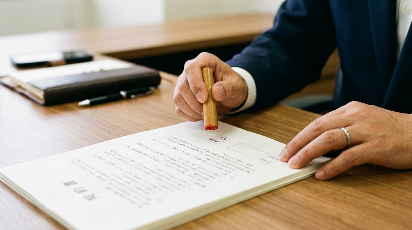 契約書に印鑑を押す前に一瞬ためらう日本人の手元、慎重に判断する場面