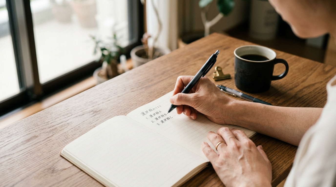 ノートに複数の選択肢を書き出して整理している日本人の手元