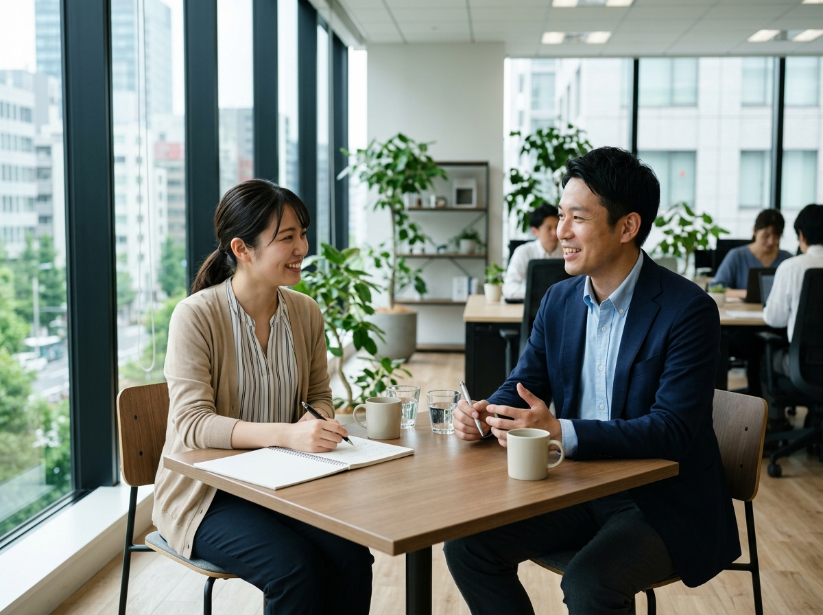 オフィスの会議スペースで同僚に質問しながらメモを取る日本人の会社員