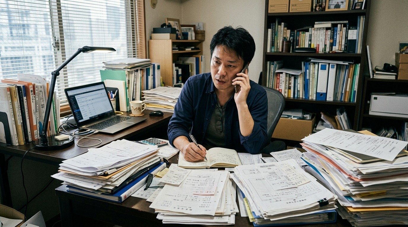 外注のやり直しで机に書類が山積みになり、一人で対応に追われる日本人経営者の写真