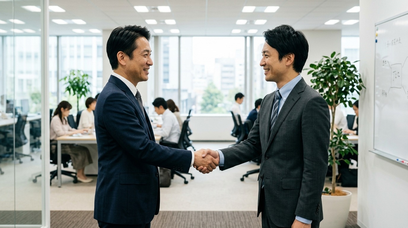 外注先を協業先として選び、握手で信頼関係を結ぶ二人の日本人ビジネスパーソンの写真