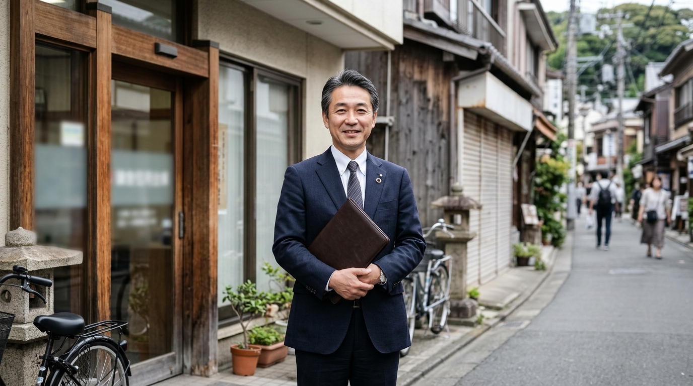 地域の金融機関の店舗前で書類を手に立つ日本人の経営者